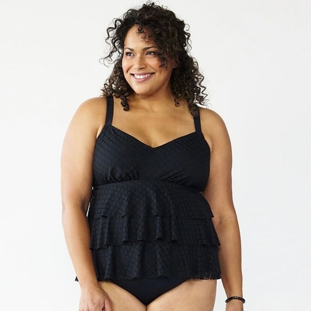 Bal Harbour Black Crochet Fauxkini One Piece Swimsuit NWT Plus 24W Tummy Control